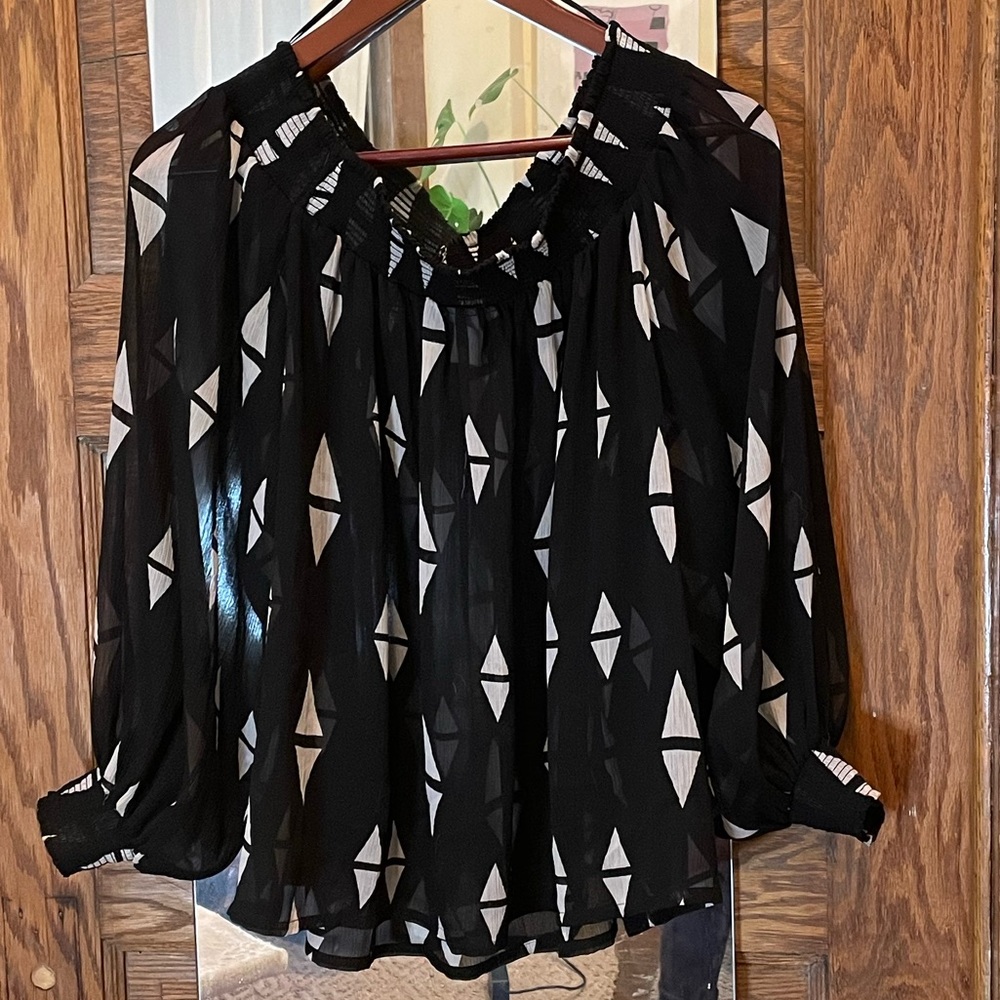 Off the shoulder black and white geometric sheer blouse